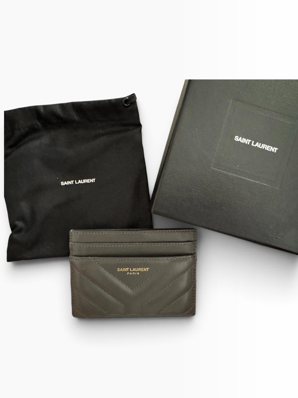 Saint Laurent Gray Quilted Leather Card Slot Holder with Gold Logo